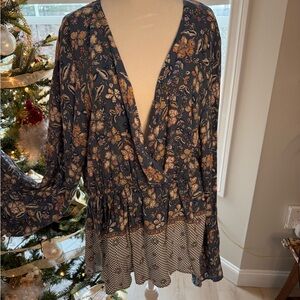 Floral V-Neck Blouse - Blue and Cream